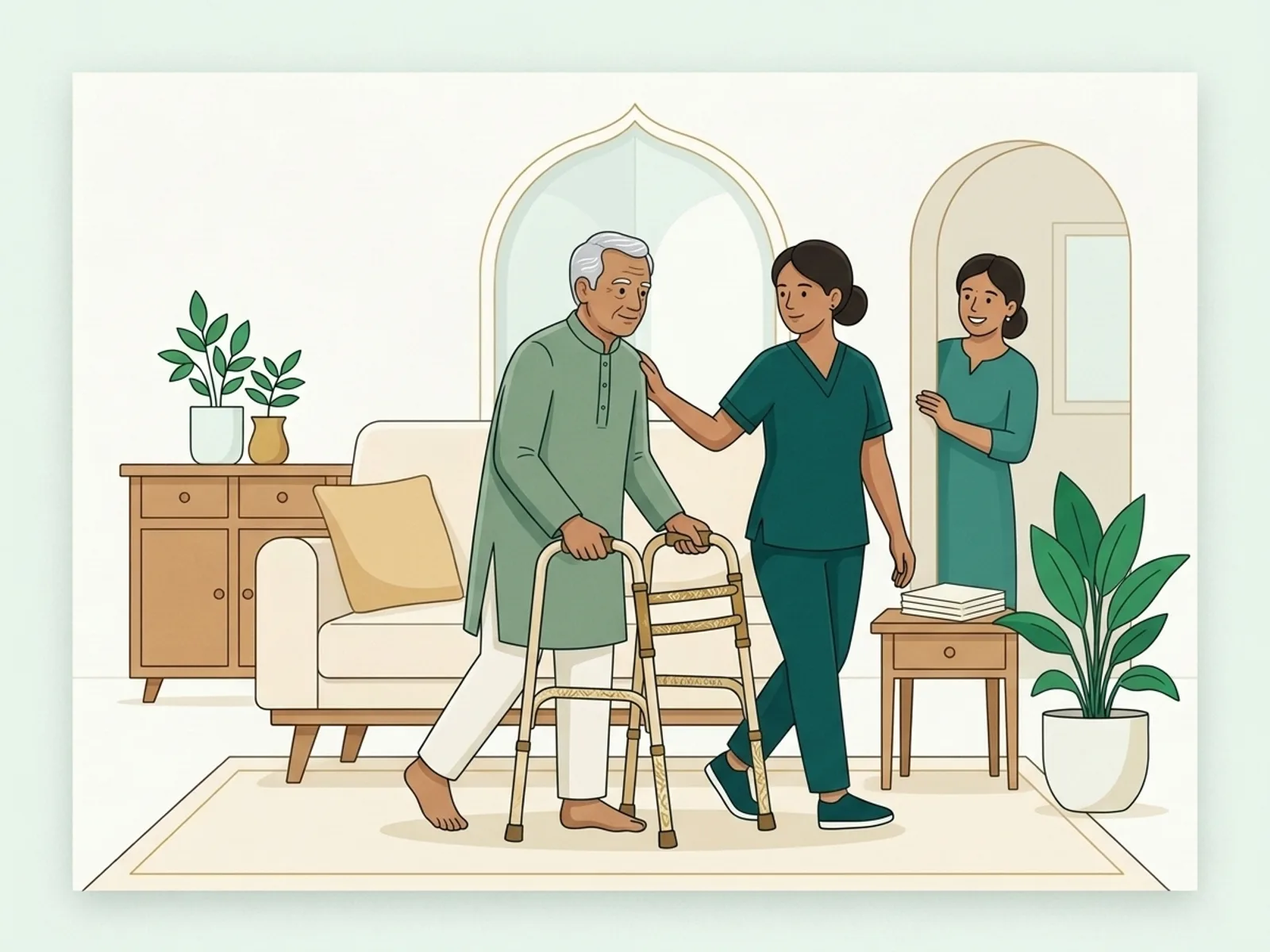 Illustration of a patient walking with a walker after surgery, supported by a physiotherapist