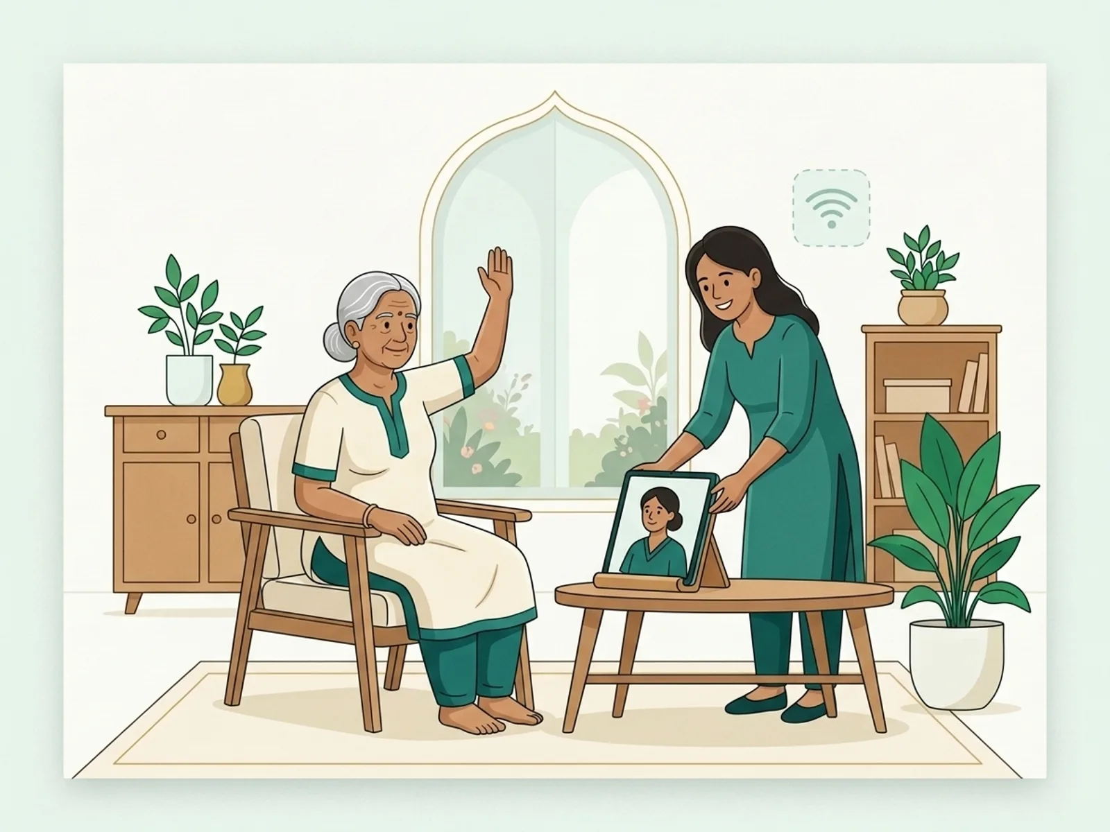 Illustration of an older woman following an online physiotherapy session on a tablet at home