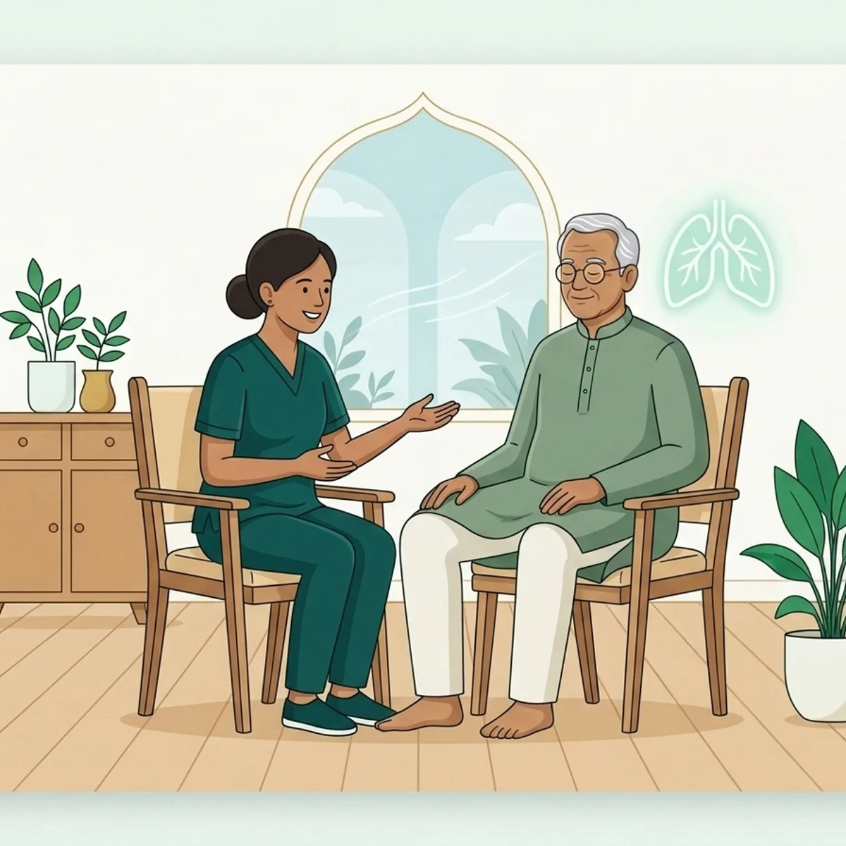 Illustration of a physiotherapist teaching a deep-breathing exercise to an older man