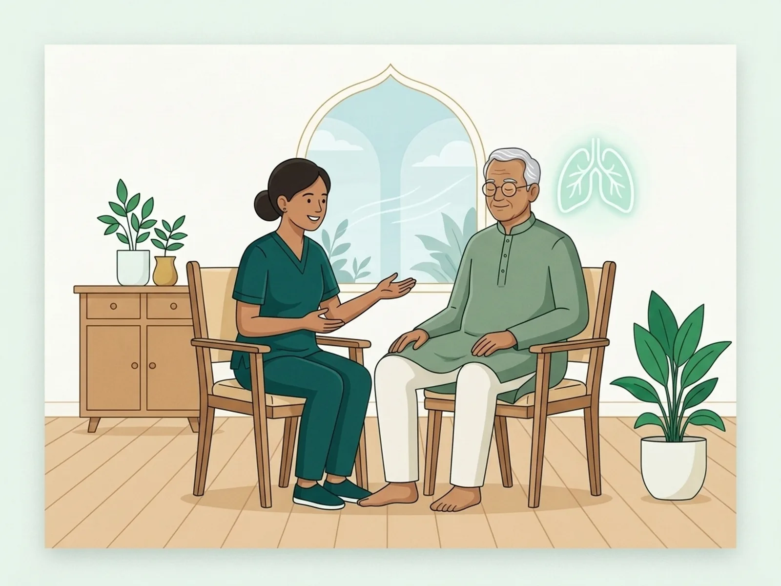 Illustration of a physiotherapist teaching a deep-breathing exercise to an older man