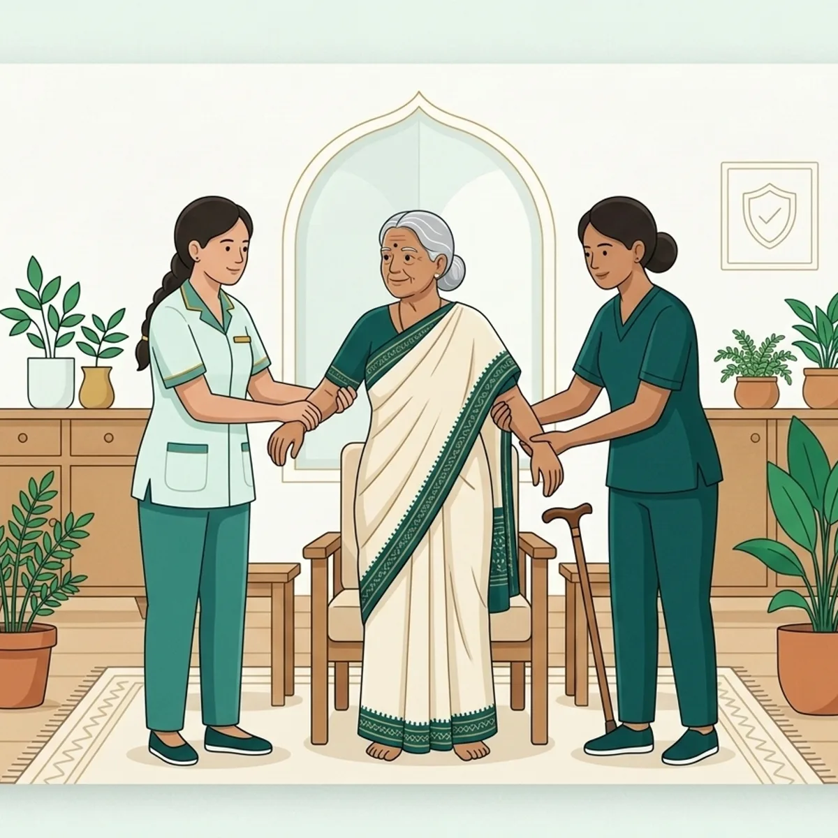 Illustration of caregivers helping an elderly woman stand safely at home