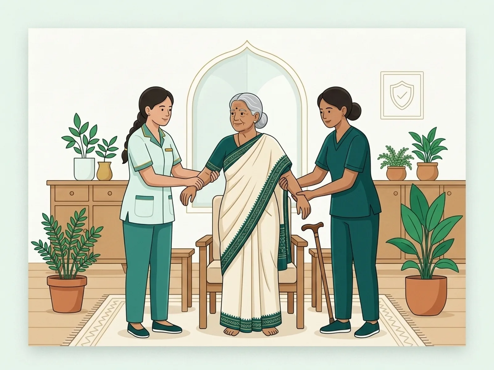 Illustration of caregivers helping an elderly woman stand safely at home