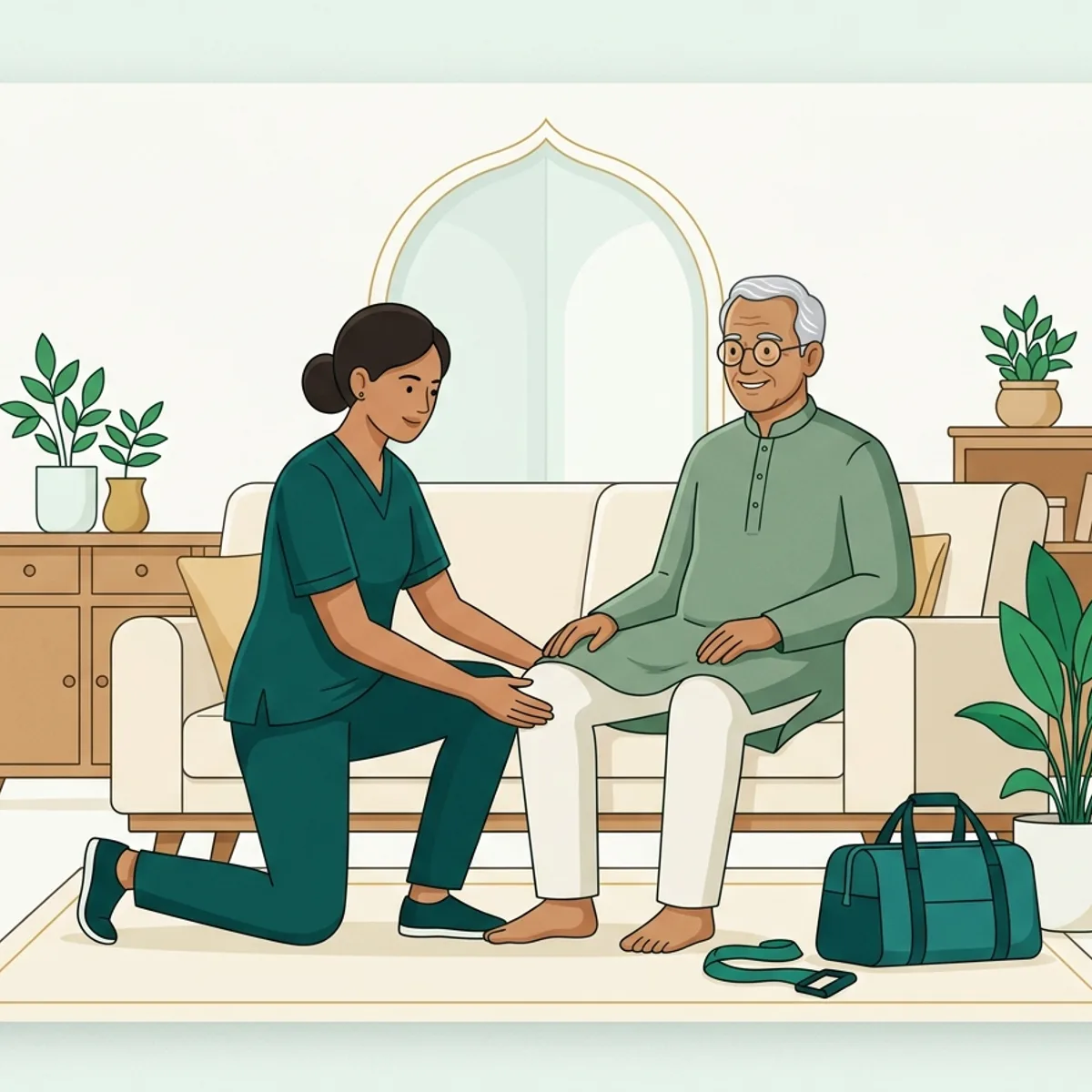 Illustration of a physiotherapist guiding an elderly man's knee exercise at home