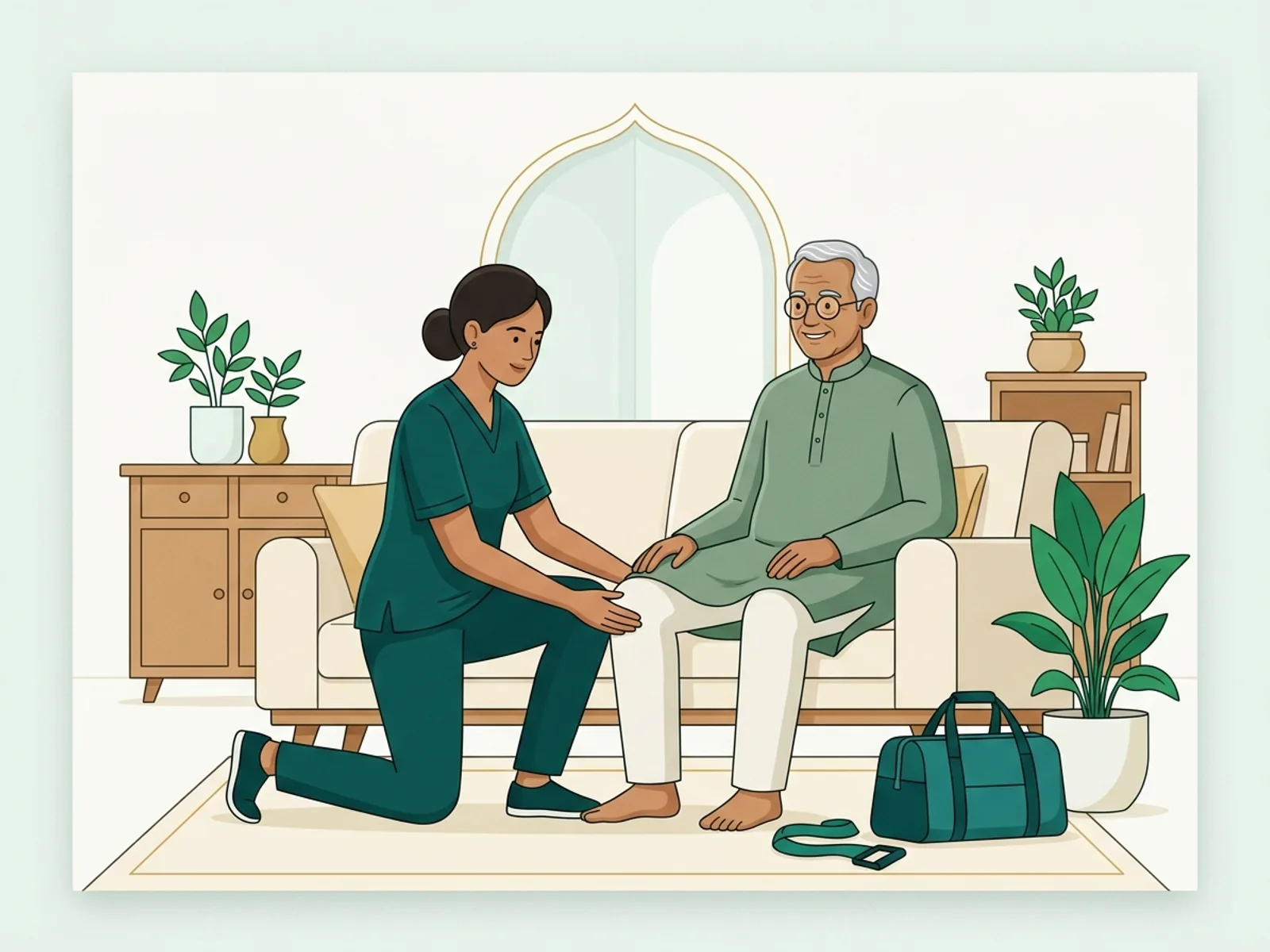 Illustration of a physiotherapist guiding an elderly man's knee exercise at home