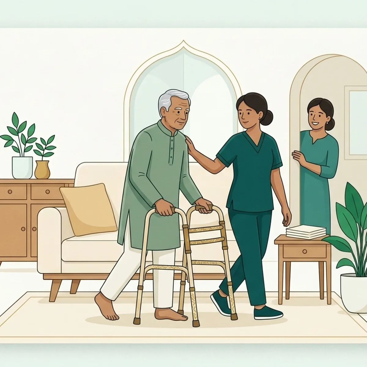 Illustration of caregivers helping a patient practise daily-living movements at home