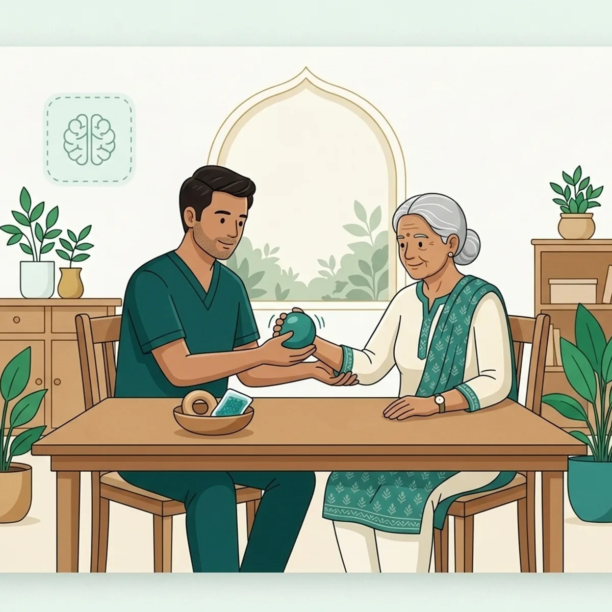 Illustration of a physiotherapist supporting an older woman's arm exercise for neurological rehabilitation