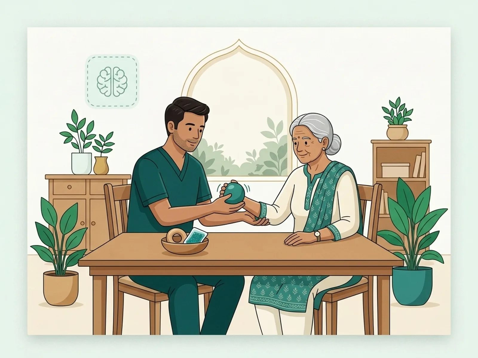Illustration of a physiotherapist supporting an older woman's arm exercise for neurological rehabilitation