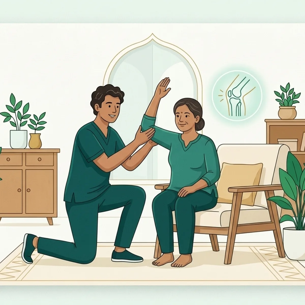 Illustration of a physiotherapist helping a woman with a shoulder mobility exercise