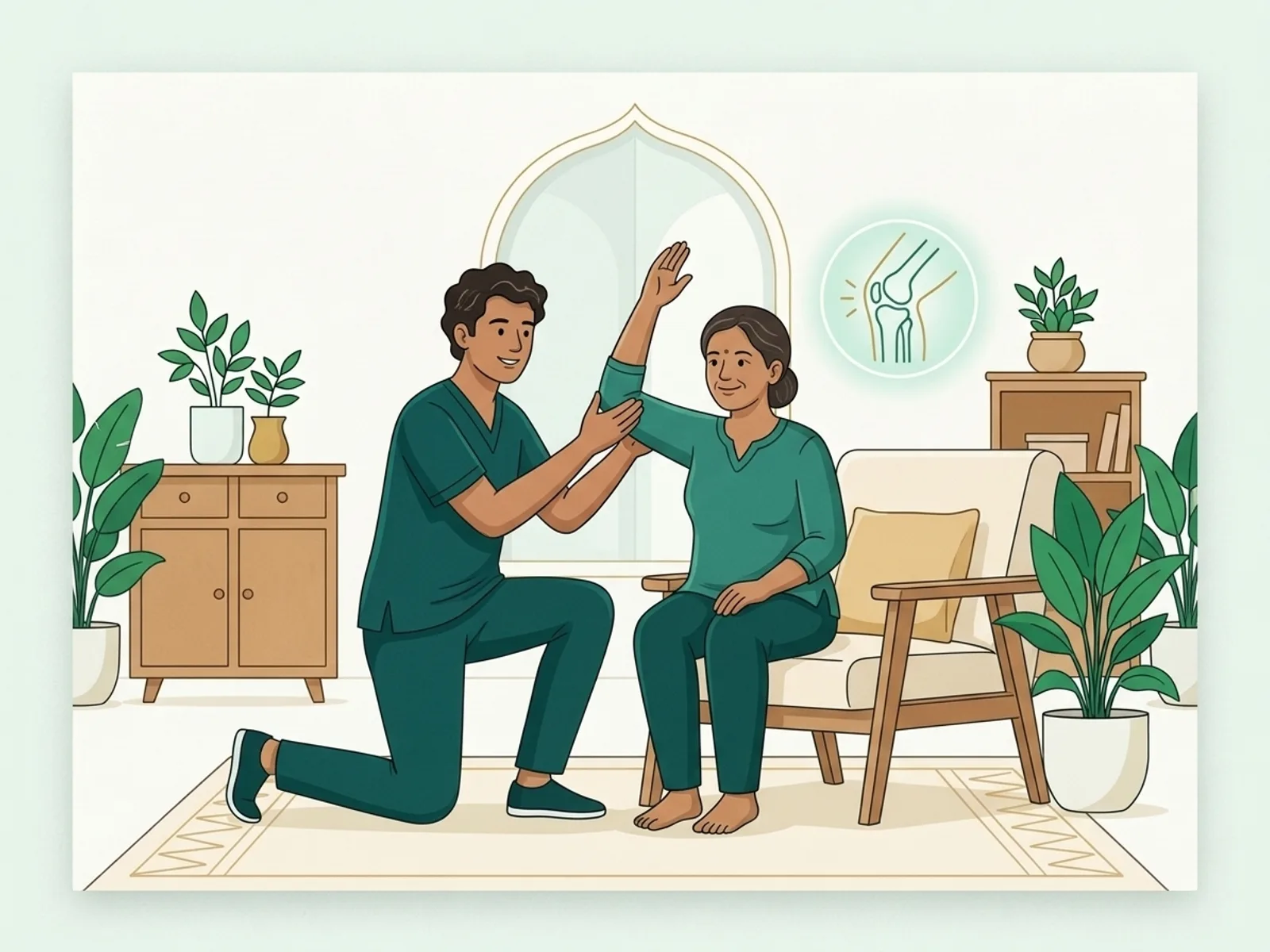Illustration of a physiotherapist helping a woman with a shoulder mobility exercise