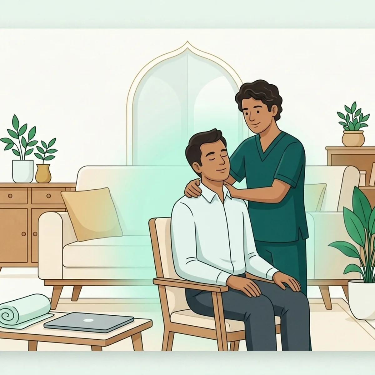 Illustration of a physiotherapist performing gentle neck and shoulder mobilisation