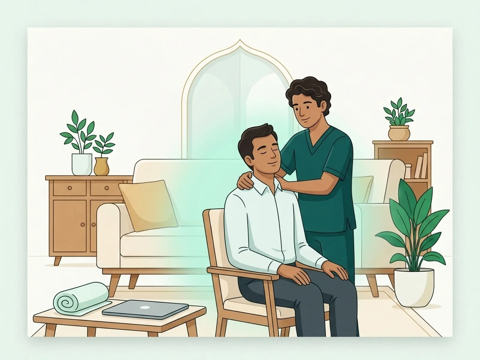 Illustration of a physiotherapist performing gentle neck and shoulder mobilisation