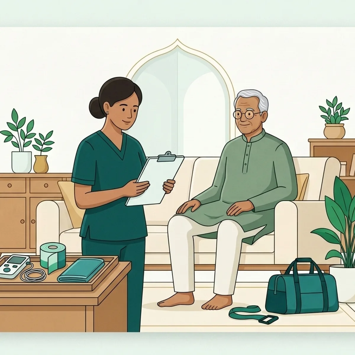 Illustration of physiotherapy tools including a TENS unit, therapeutic tape and heat pack