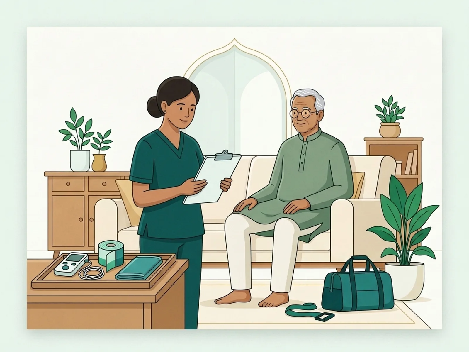 Illustration of physiotherapy tools including a TENS unit, therapeutic tape and heat pack