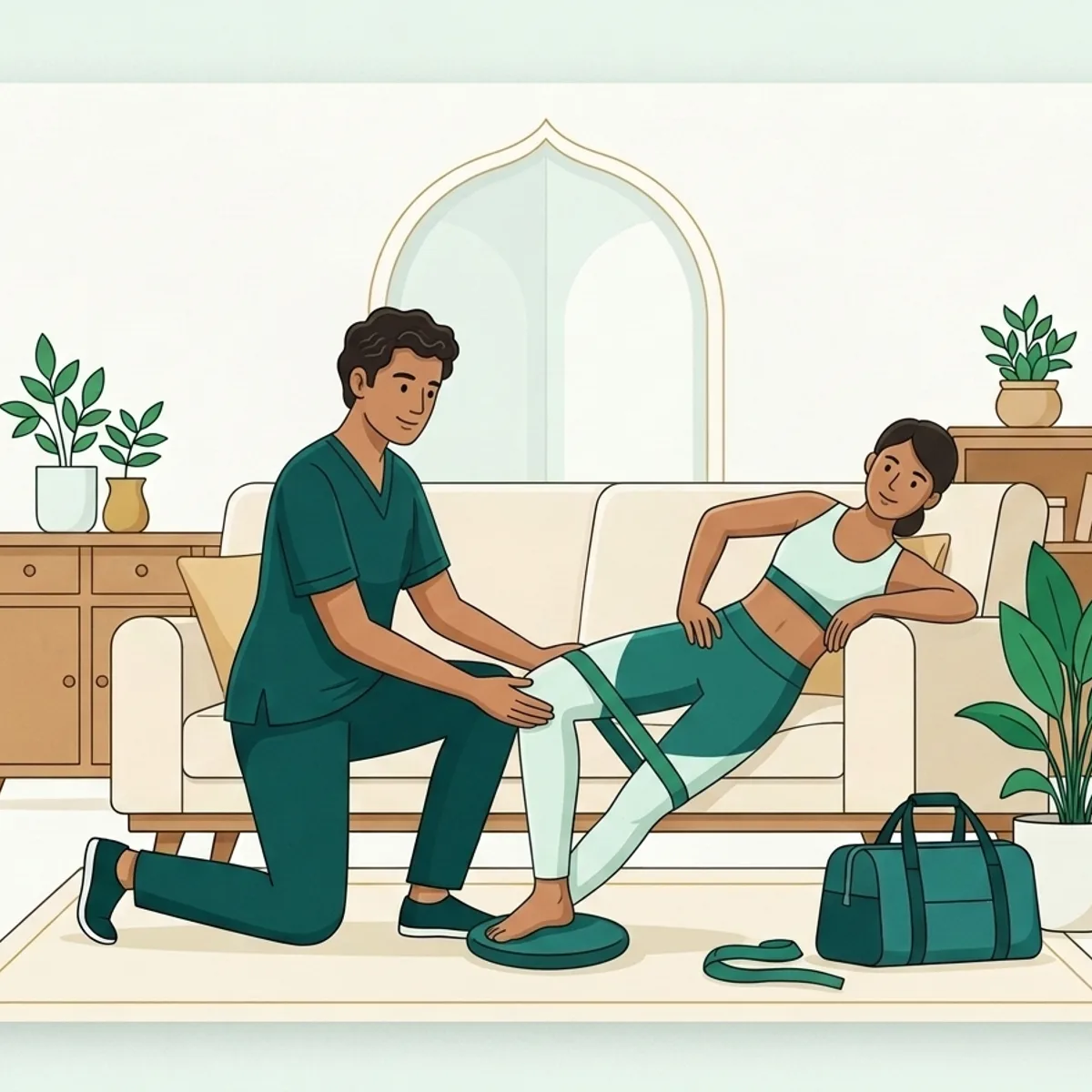 Illustration of a physiotherapist guiding a young athlete through ankle and knee strengthening