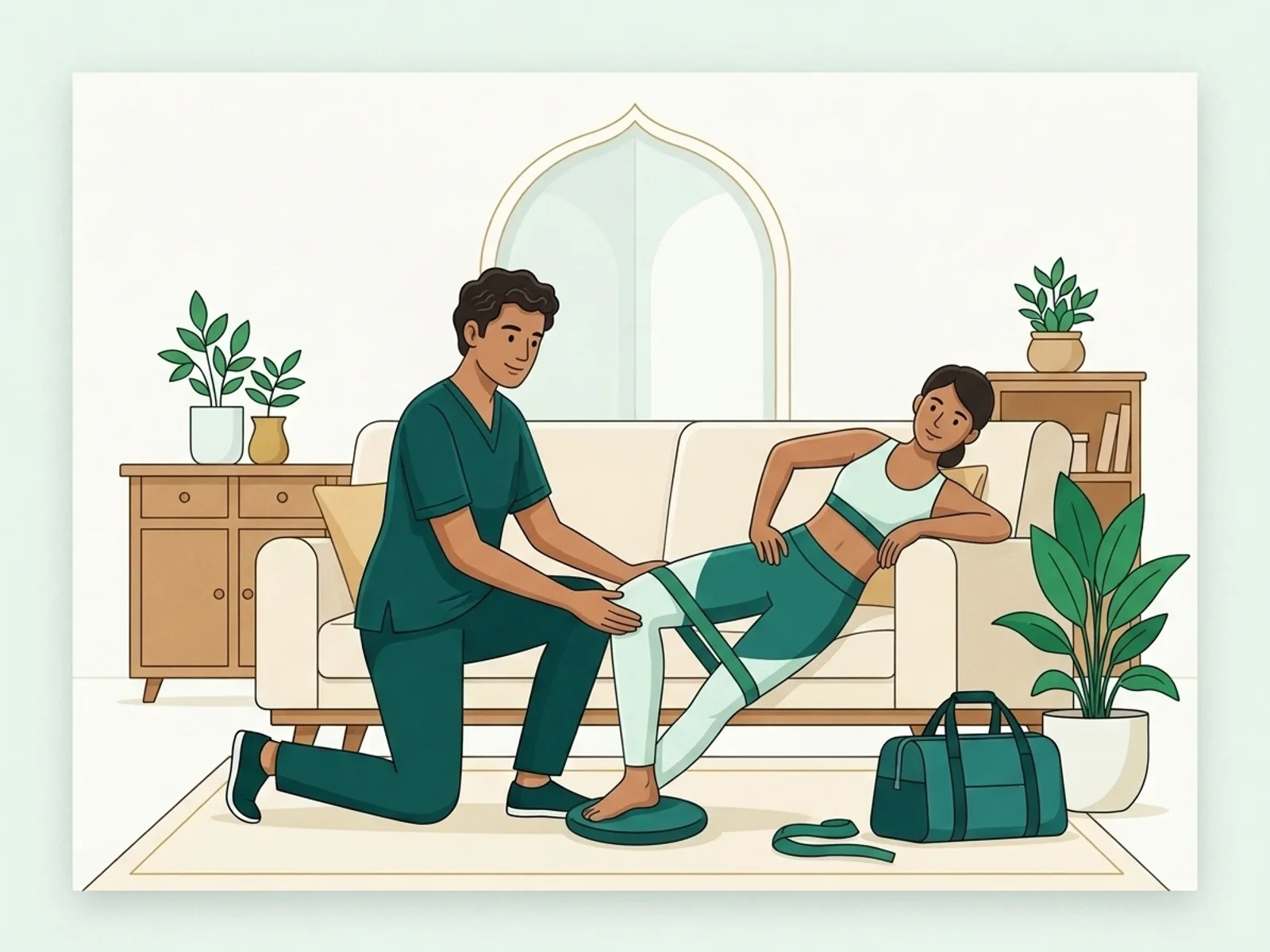 Illustration of a physiotherapist guiding a young athlete through ankle and knee strengthening