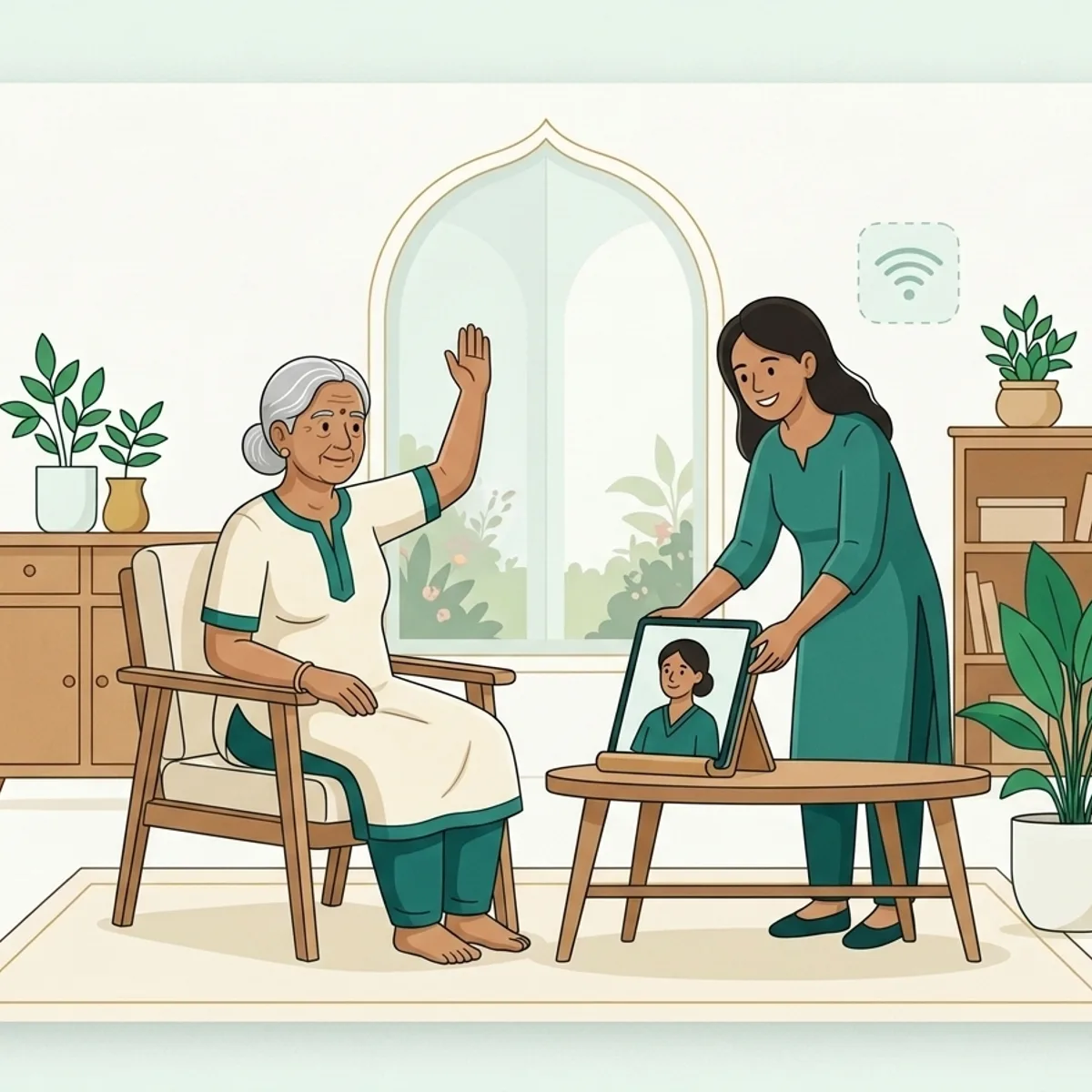 Illustration of an older woman following an online physiotherapy session on a tablet at home