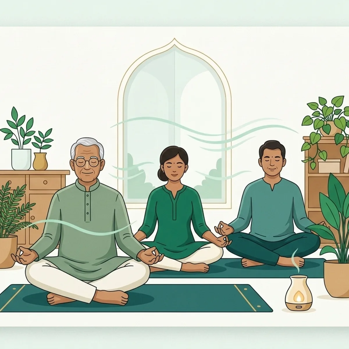 Illustration of adults practising seated therapeutic yoga in a sunlit room