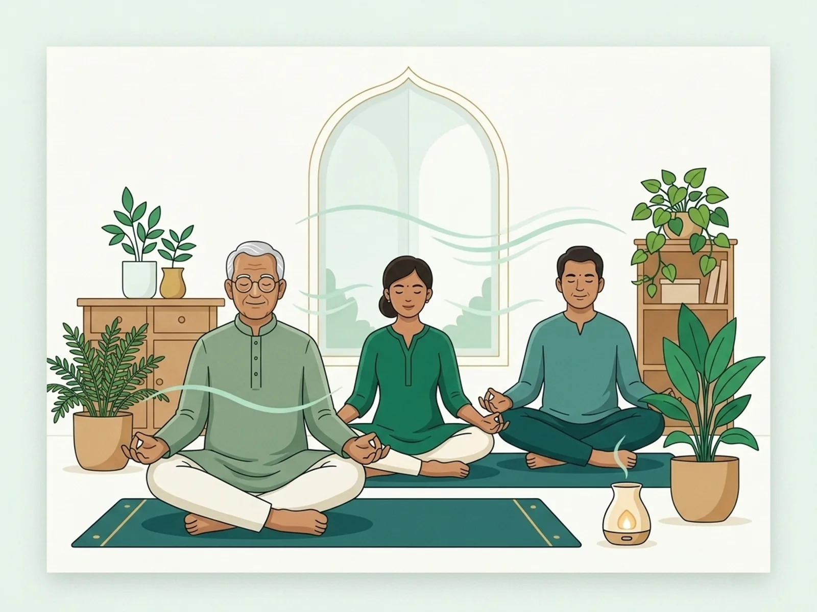 Illustration of adults practising seated therapeutic yoga in a sunlit room